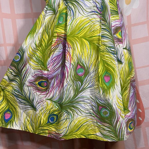 Nanette Lepore Peacock Print Dress W/Pockets Sz 6 Green Multi Lined Pleated - Picture 4 of 11